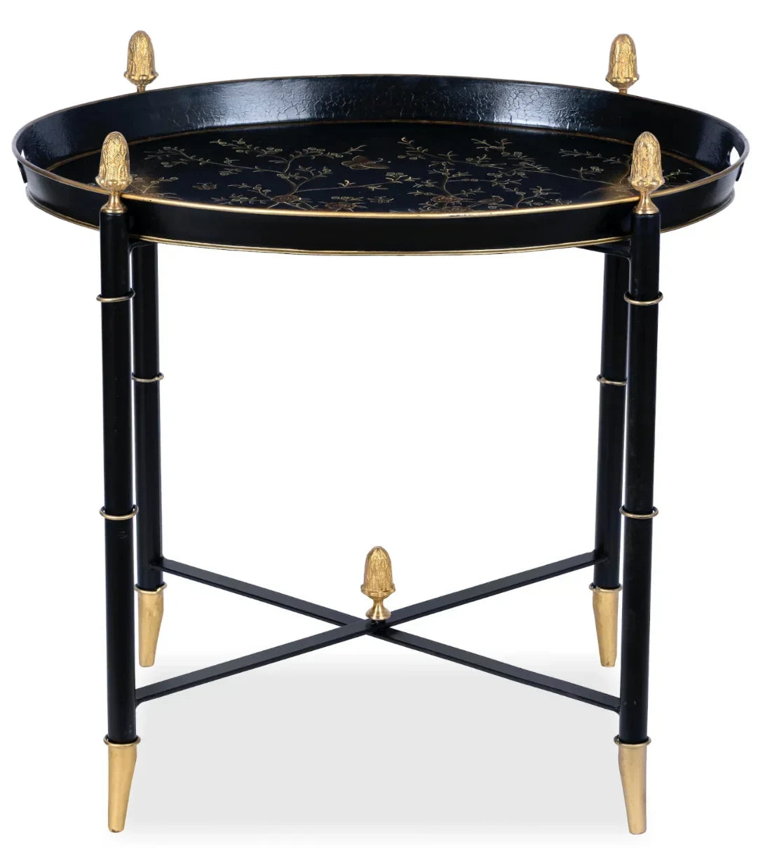 Black Round Tray Table with Gold Finials - The Mayfair Hall