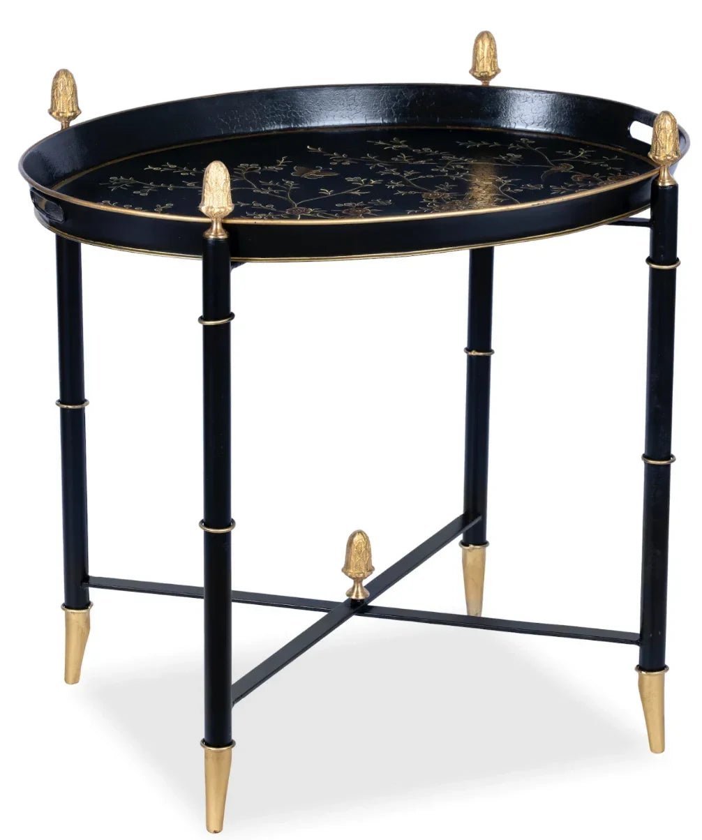 Black Round Tray Table with Gold Finials - The Mayfair Hall