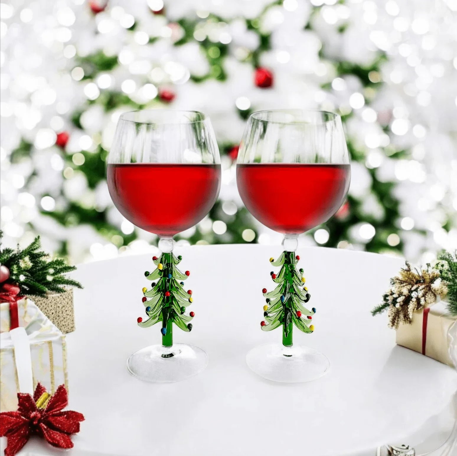 Christmas Tree Handblown Wine Glasses
