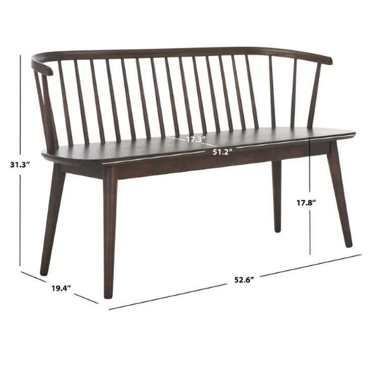 Blanchard Wood Bench in Dark Walnut with Curved Spindle Back - The Mayfair Hall