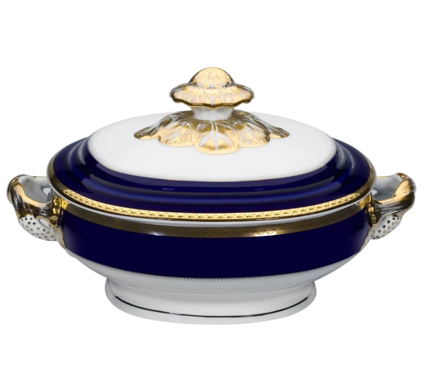 Brest Porcelain Covered Dish in Navy and White with Gold Hand-painted elements - The Mayfair Hall