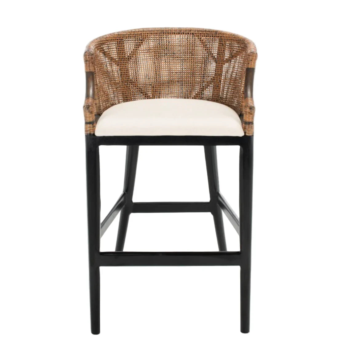 Brando Wood Bar Stool in Black and White with Brown Rattan Back