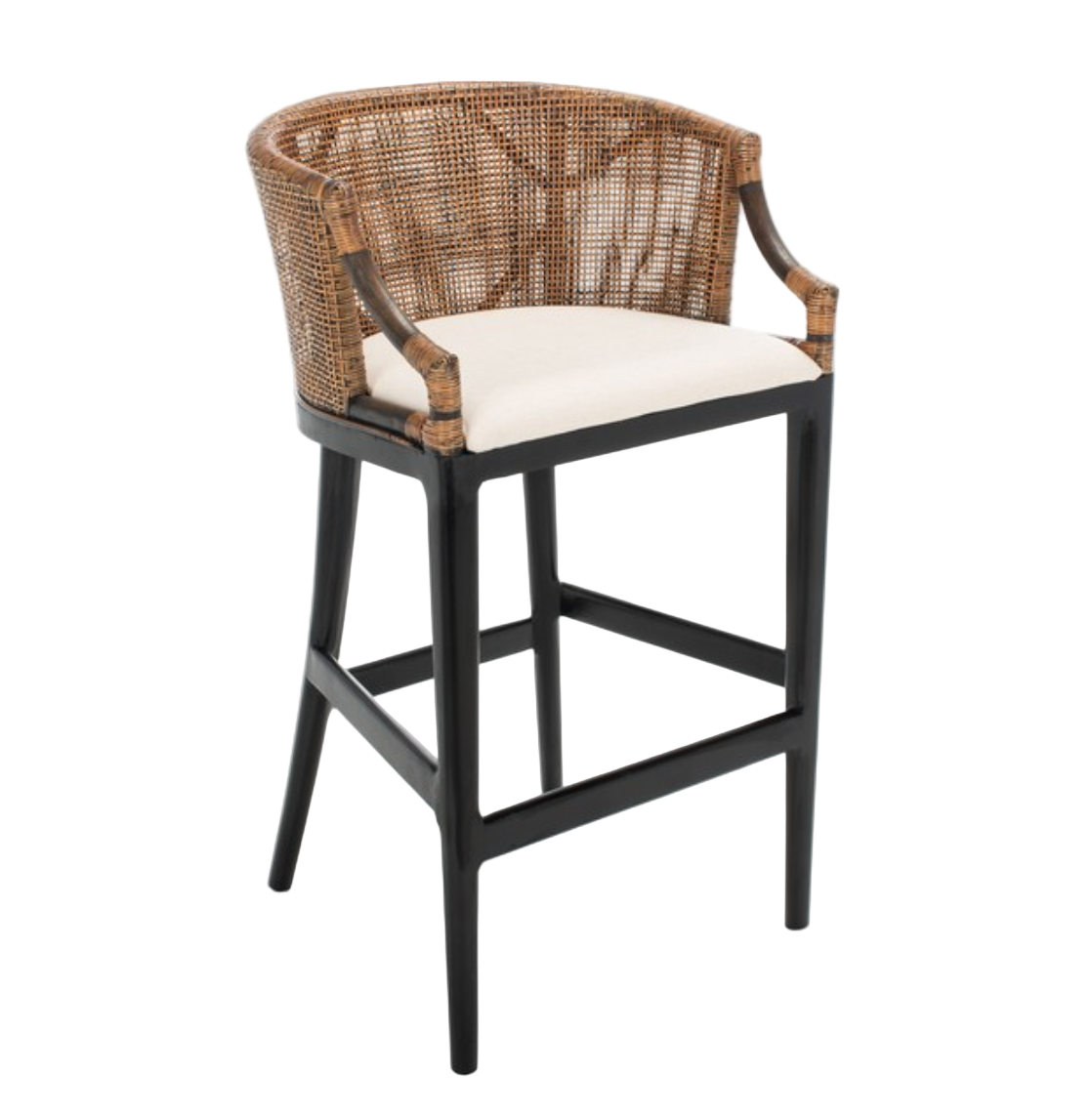 Brando Wood Bar Stool in Black and White with Brown Rattan Back