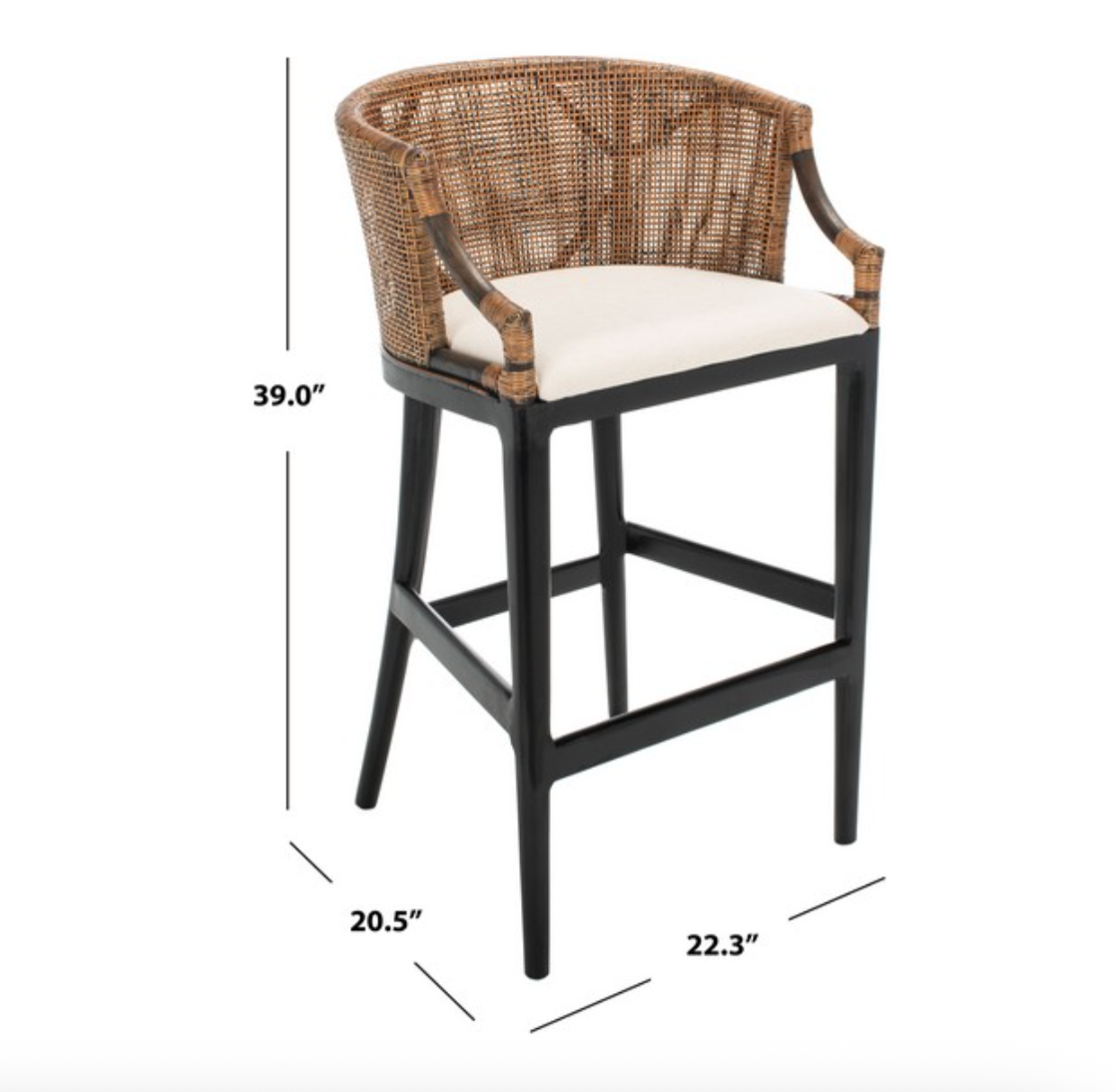 Brando Wood Bar Stool in Black and White with Brown Rattan Back