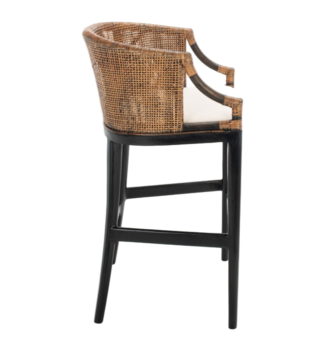 Brando Wood Bar Stool in Black and White with Brown Rattan Back