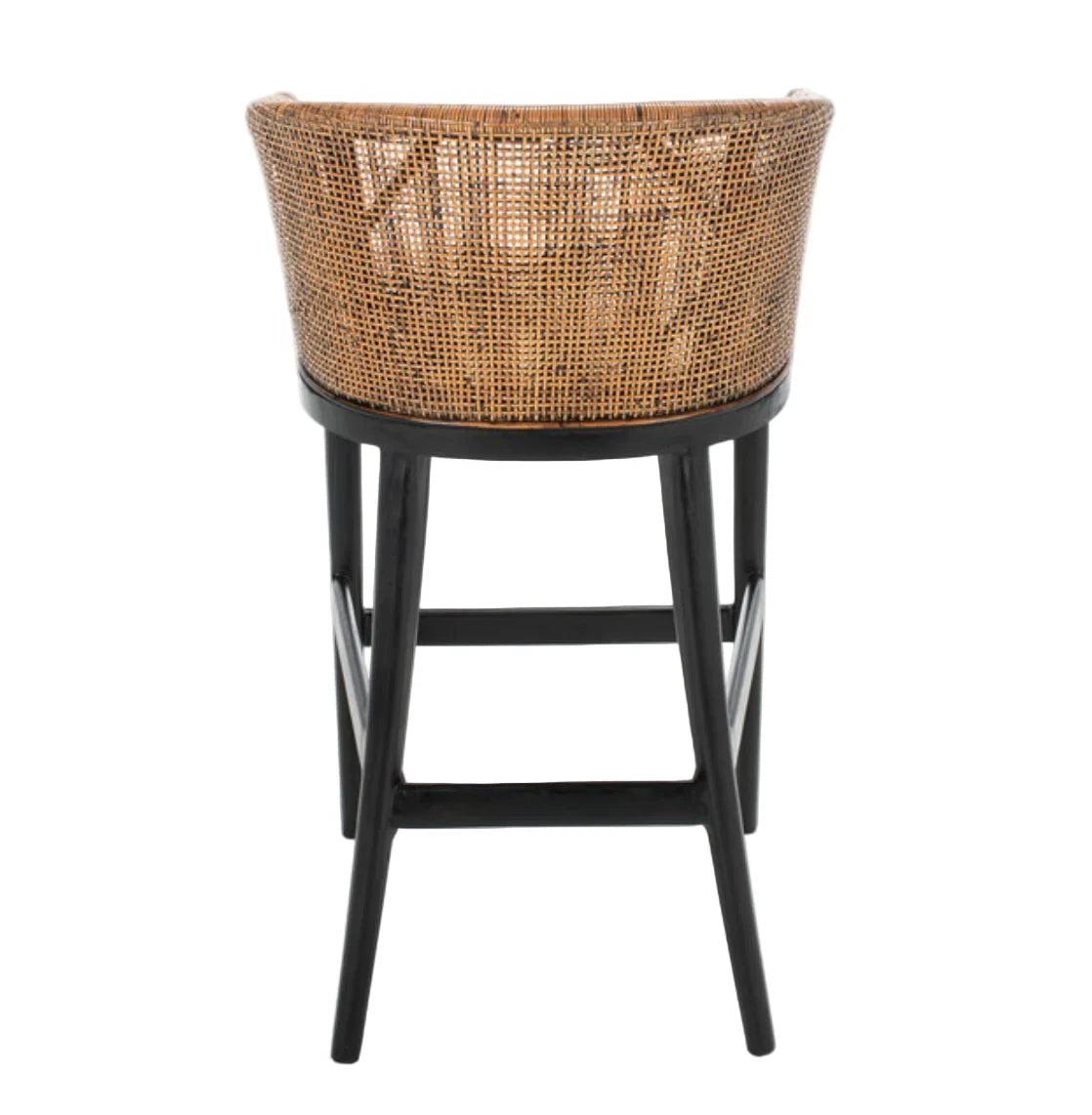 Brando Wood Bar Stool in Black and White with Brown Rattan Back