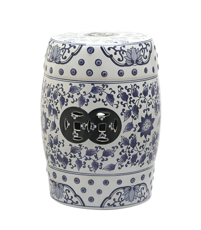 Tao Blue and White Chinoiserie Glazed Ceramic Garden Stool