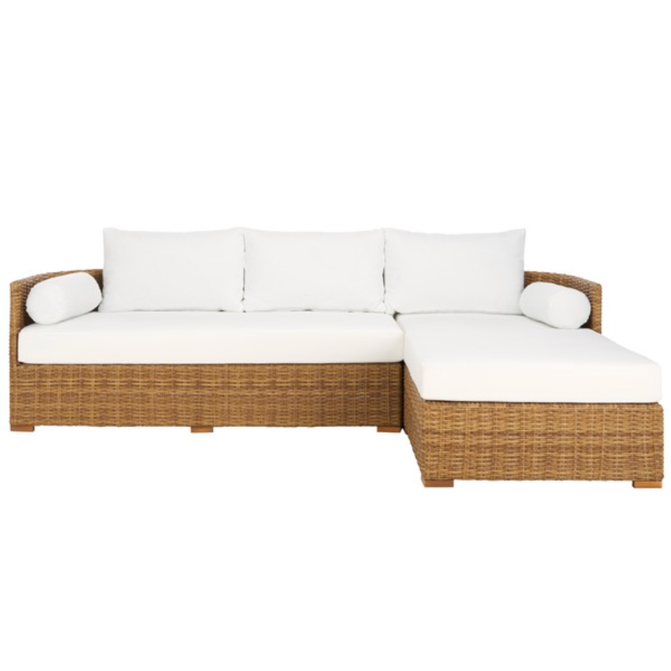 Anguilla Wicker Outdoor Chaise Sectional in Natural with White Cushion
