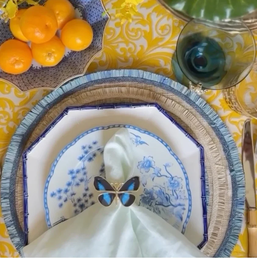 Ruffle edge straw placemat, indigo, set of four - The Mayfair Hall