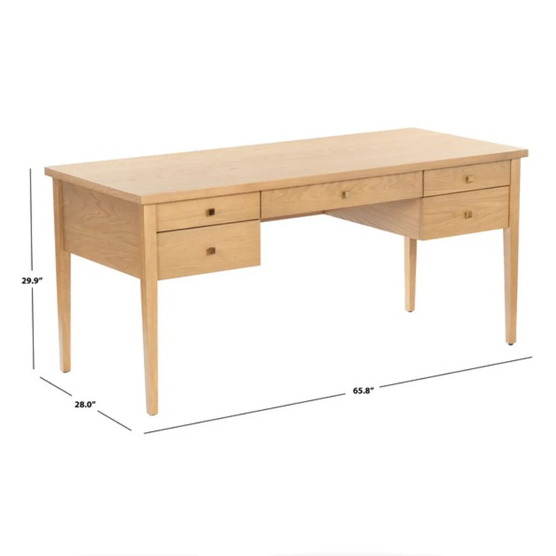 Makala 5 Drawer Wood Desk in Natural with Gold Knobs
