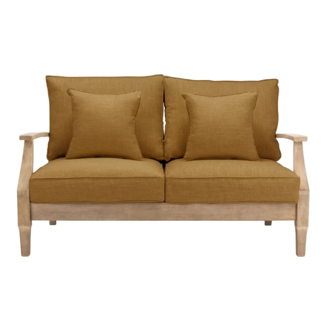 Martinique Wood Patio Loveseat in Natural with Brown Cushion