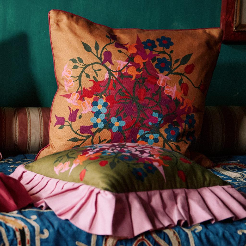 Square Pillow Cover in Orange with Blumen Print