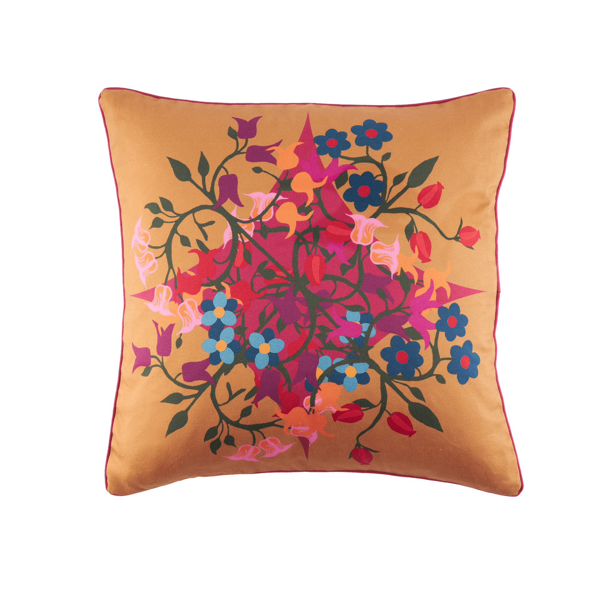 Square Pillow Cover in Orange with Blumen Print