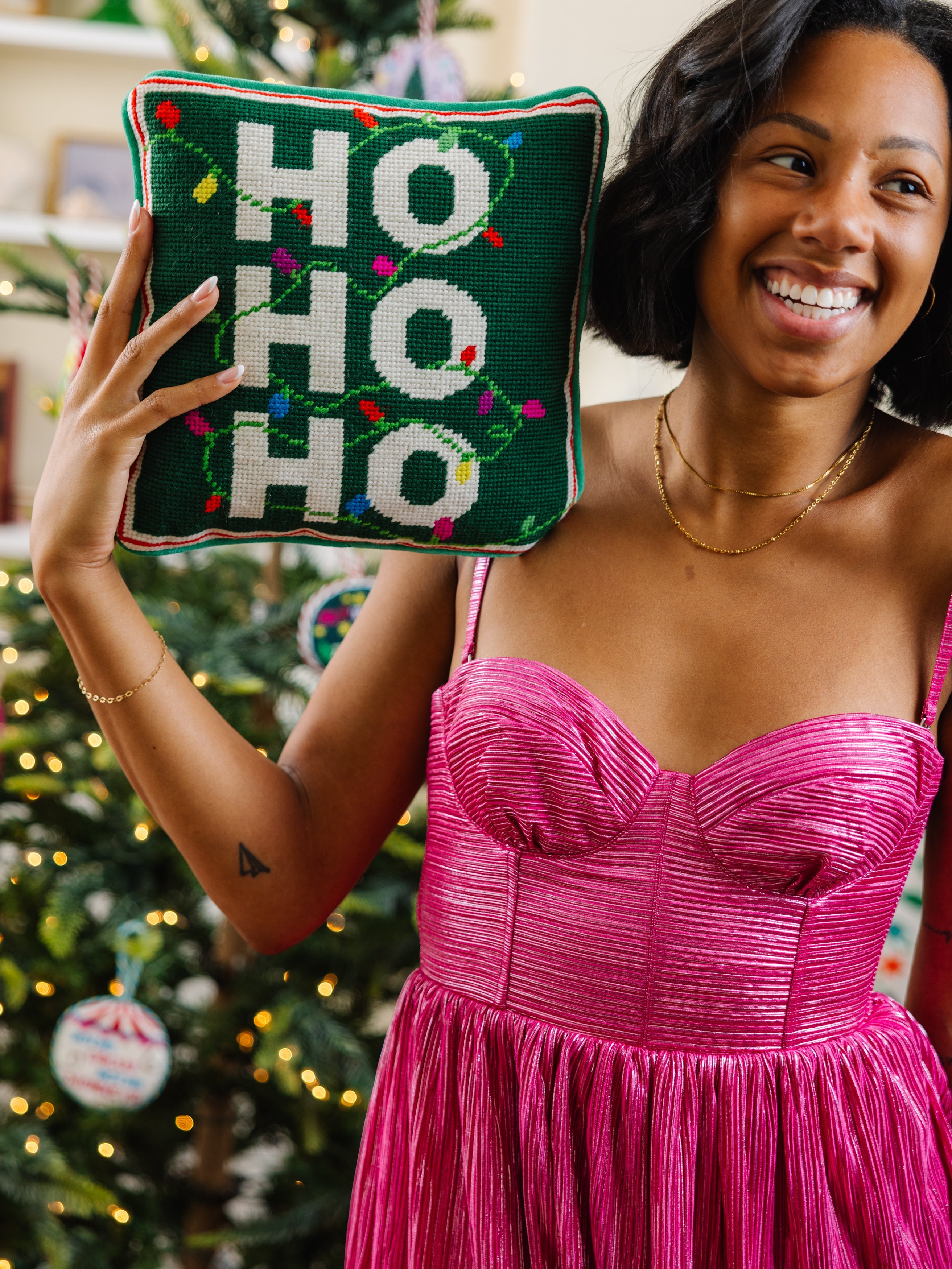 Ho Ho Ho Needlepoint Throw Pillow