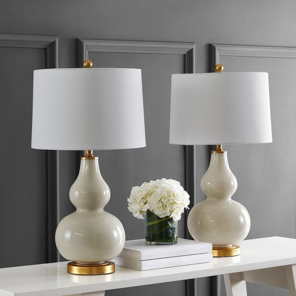 Karlen Glass Table Lamp in Cream and Gold with White Cotton Shade (Set of 2)
