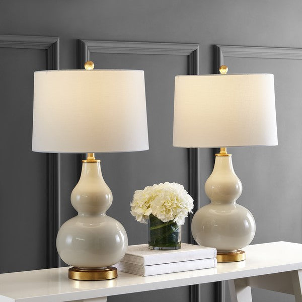 Karlen Glass Table Lamp in Cream and Gold with White Cotton Shade (Set of 2)