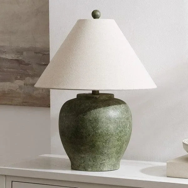 Dylan Resin Table Lamp in Antique Green with Cotton Shade - The Mayfair Hall