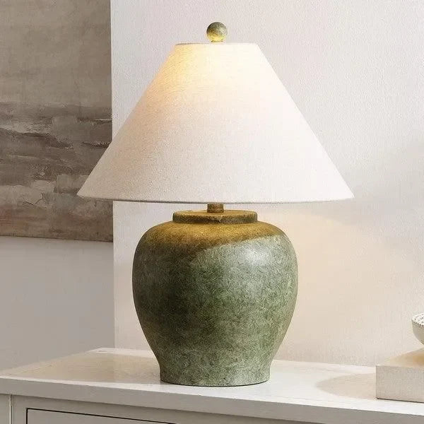 Dylan Resin Table Lamp in Antique Green with Cotton Shade - The Mayfair Hall