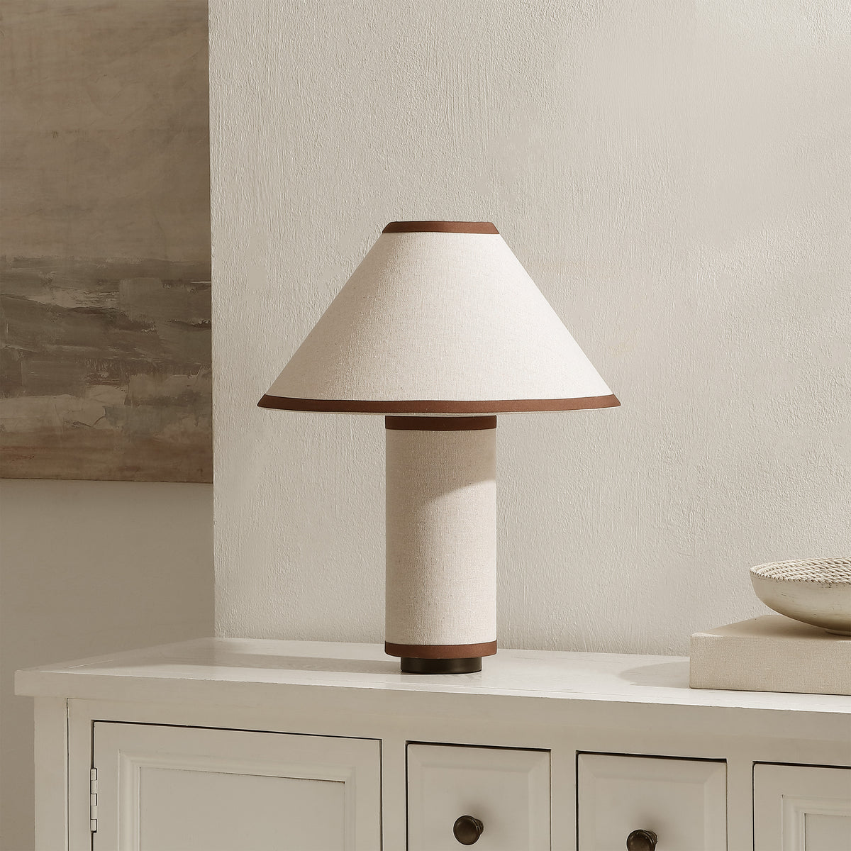 Demie Fabric and Resin Table Lamp in Oatmeal and Brown — 17.25″
