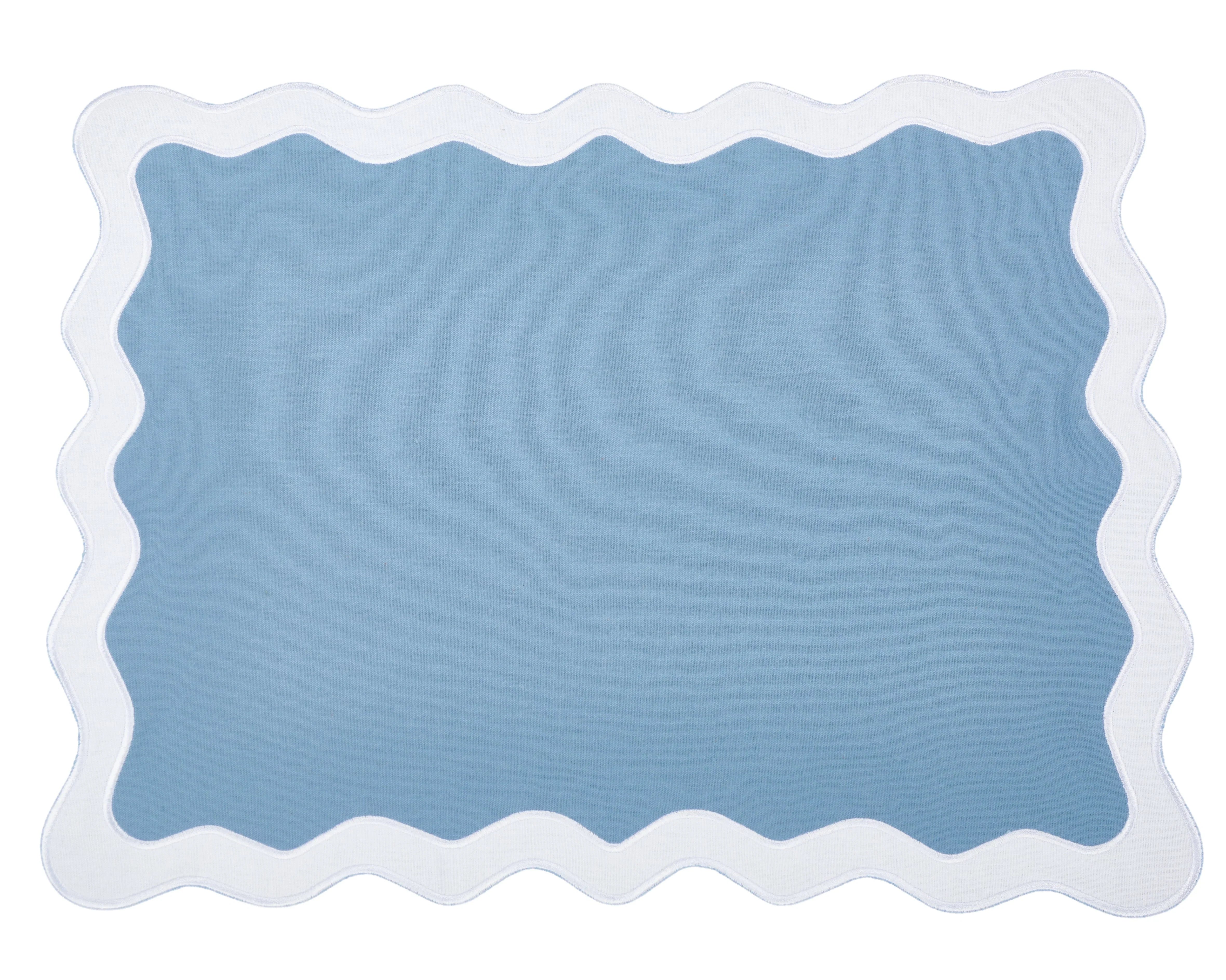 Hampton Pale Blue & White Trim Scalloped Linen Placemat & Napkin