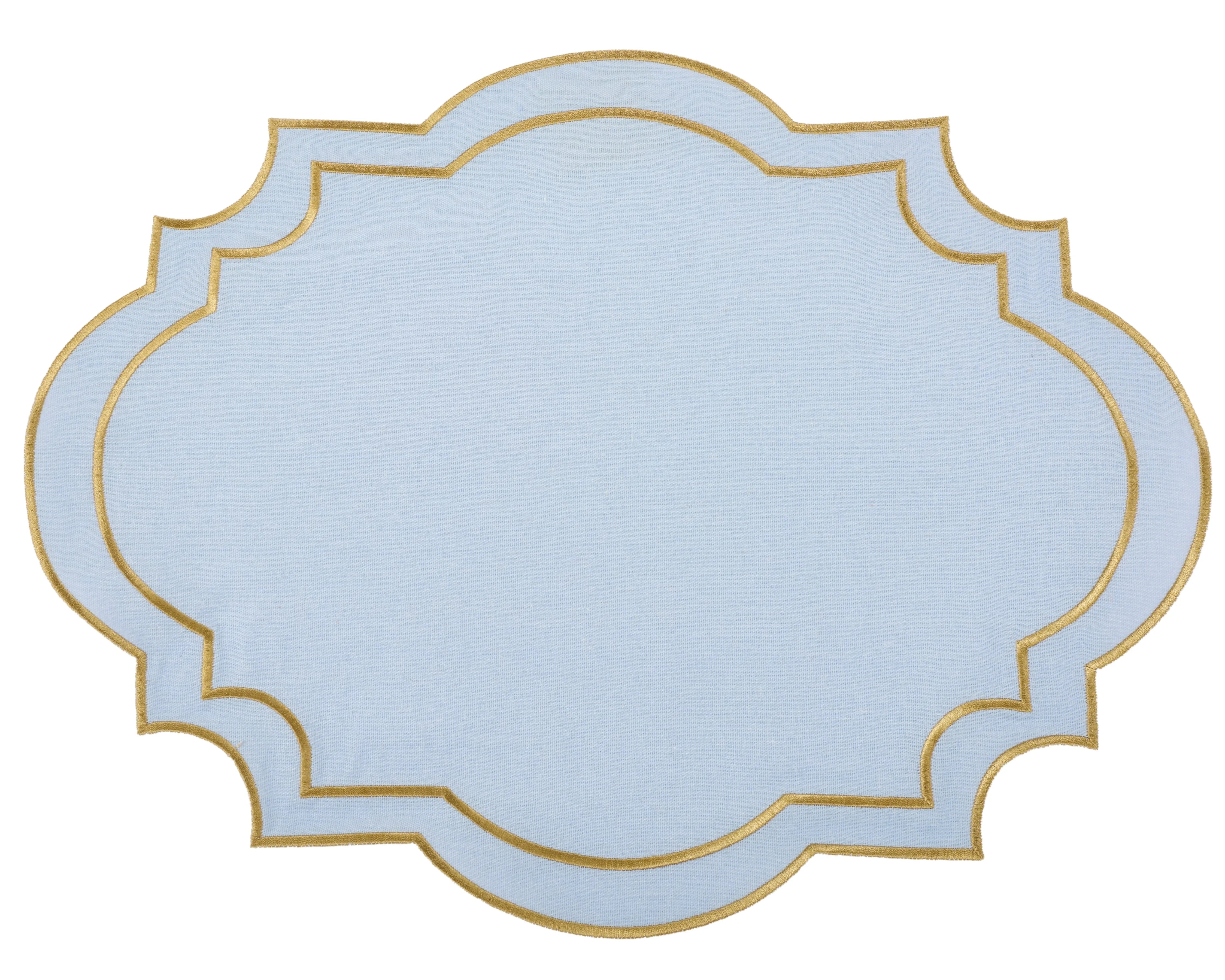 Nantucket Pale Blue & Gold Embroidered Linen Placemat & Napkin