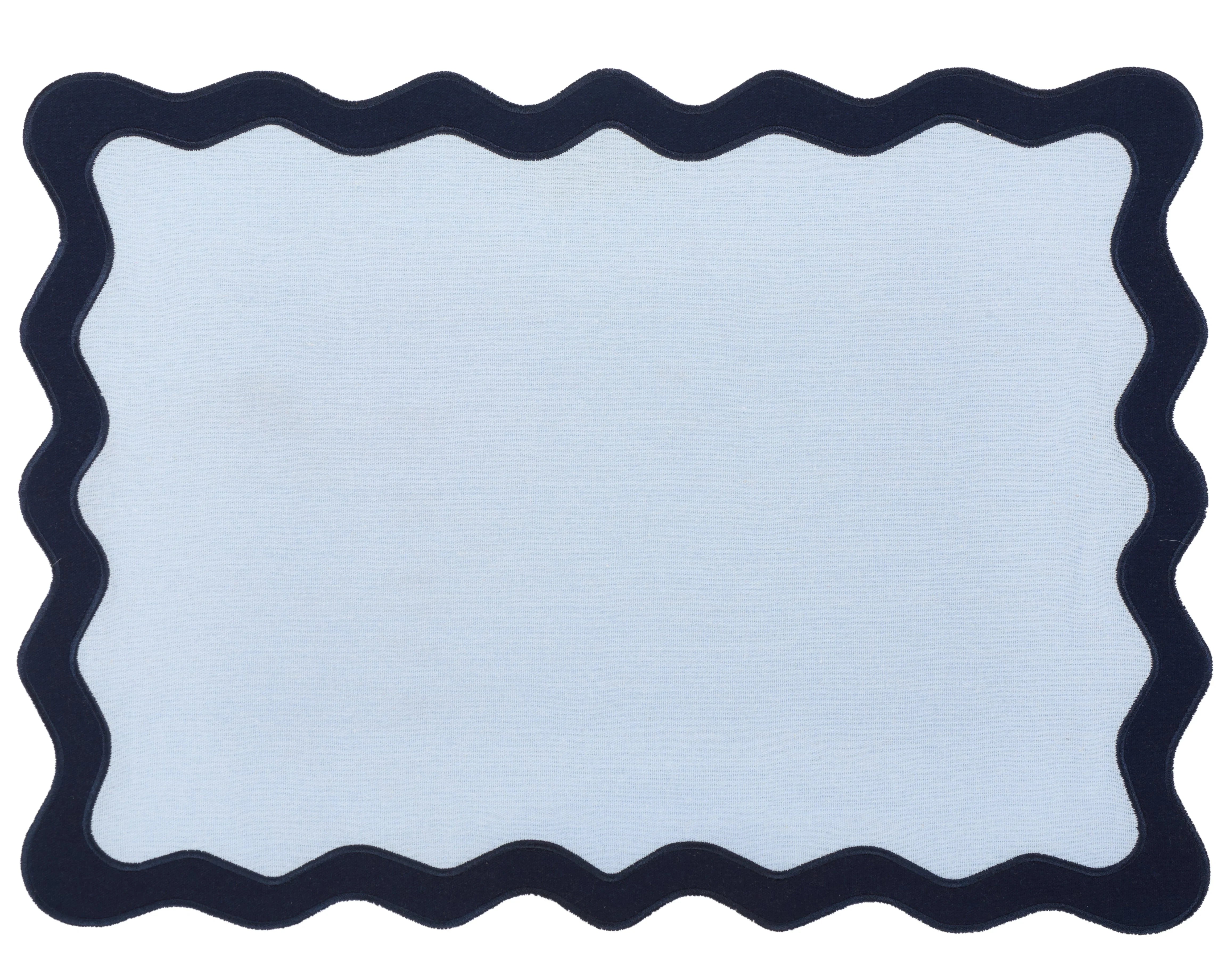 Hampton Pale Blue & Navy Trim Scalloped Linen Placemat & Napkin