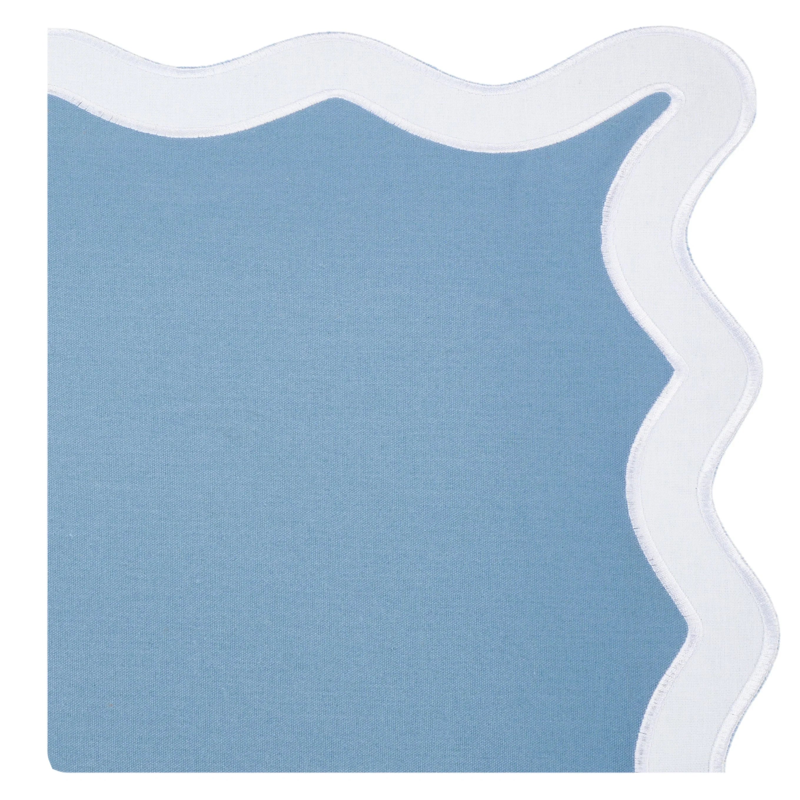 Hampton Pale Blue & White Trim Scalloped Linen Placemat & Napkin