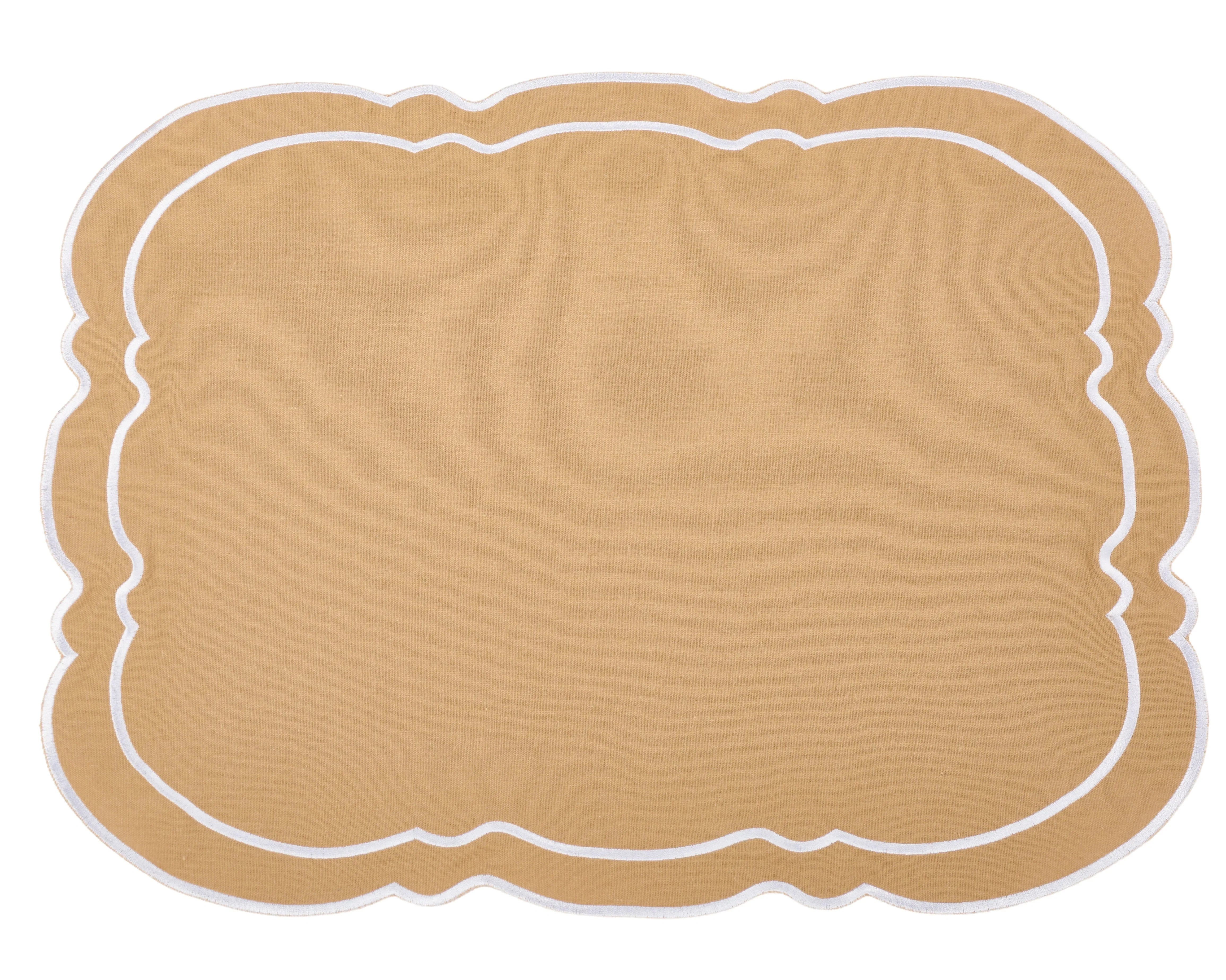 Charleston Tan & White Embroidered Linen Placemat & Napkin