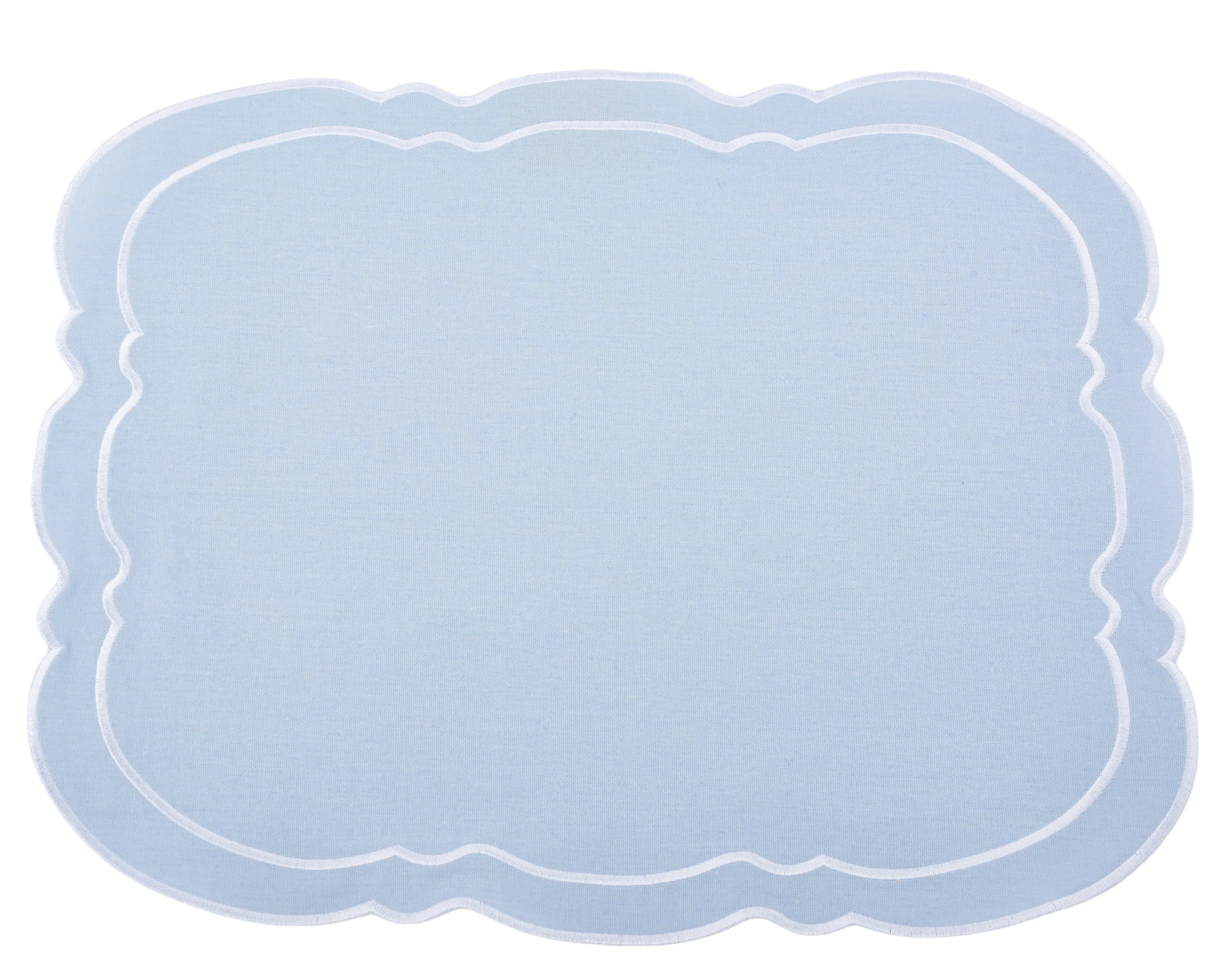 Charleston Pale Blue & White Embroidered Linen Placemat & Napkin