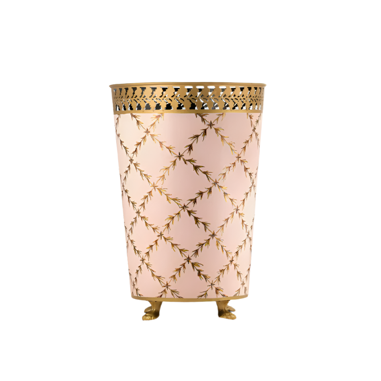 Pale Pink & GOLD TRELLIS W/ PIERCED LEAF WASTEPAPER BASKET