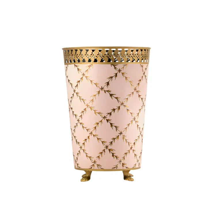 Pale Pink & GOLD TRELLIS W/ PIERCED LEAF WASTEPAPER BASKET - The Mayfair Hall