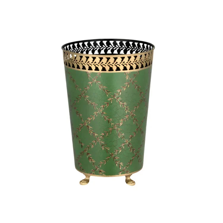 MOSS GREEN & GOLD LEAF Wastepaper Basket - The Mayfair Hall
