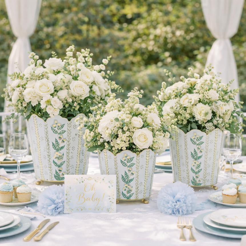 Pale Blue & Gold Floral Bucket Planter (3 Sizes)