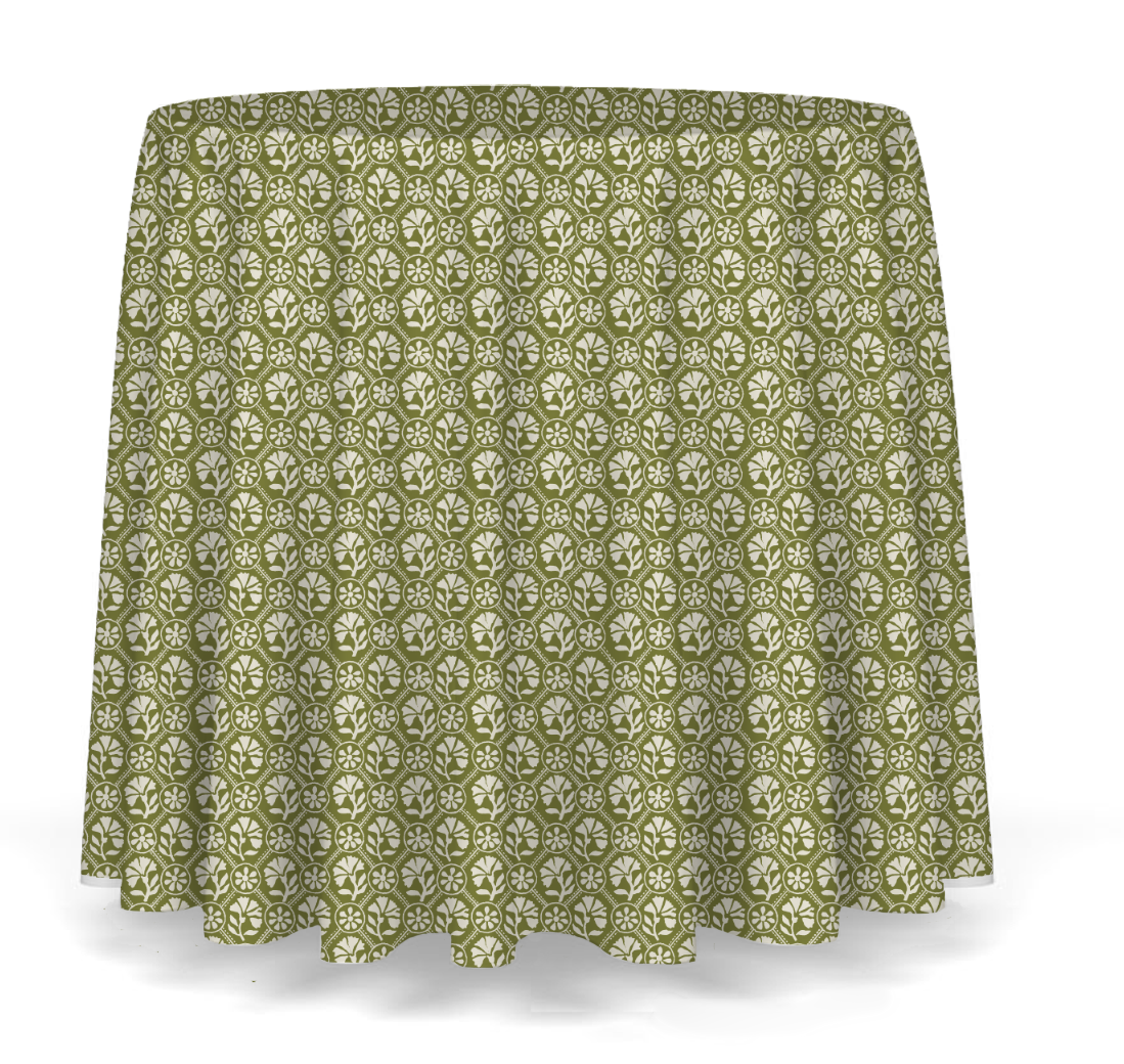 90" round table skirt - Sophie in Olive Reverse