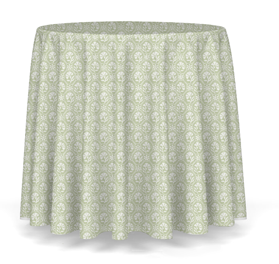 90" round table skirt - Sophie in Celadon Reverse