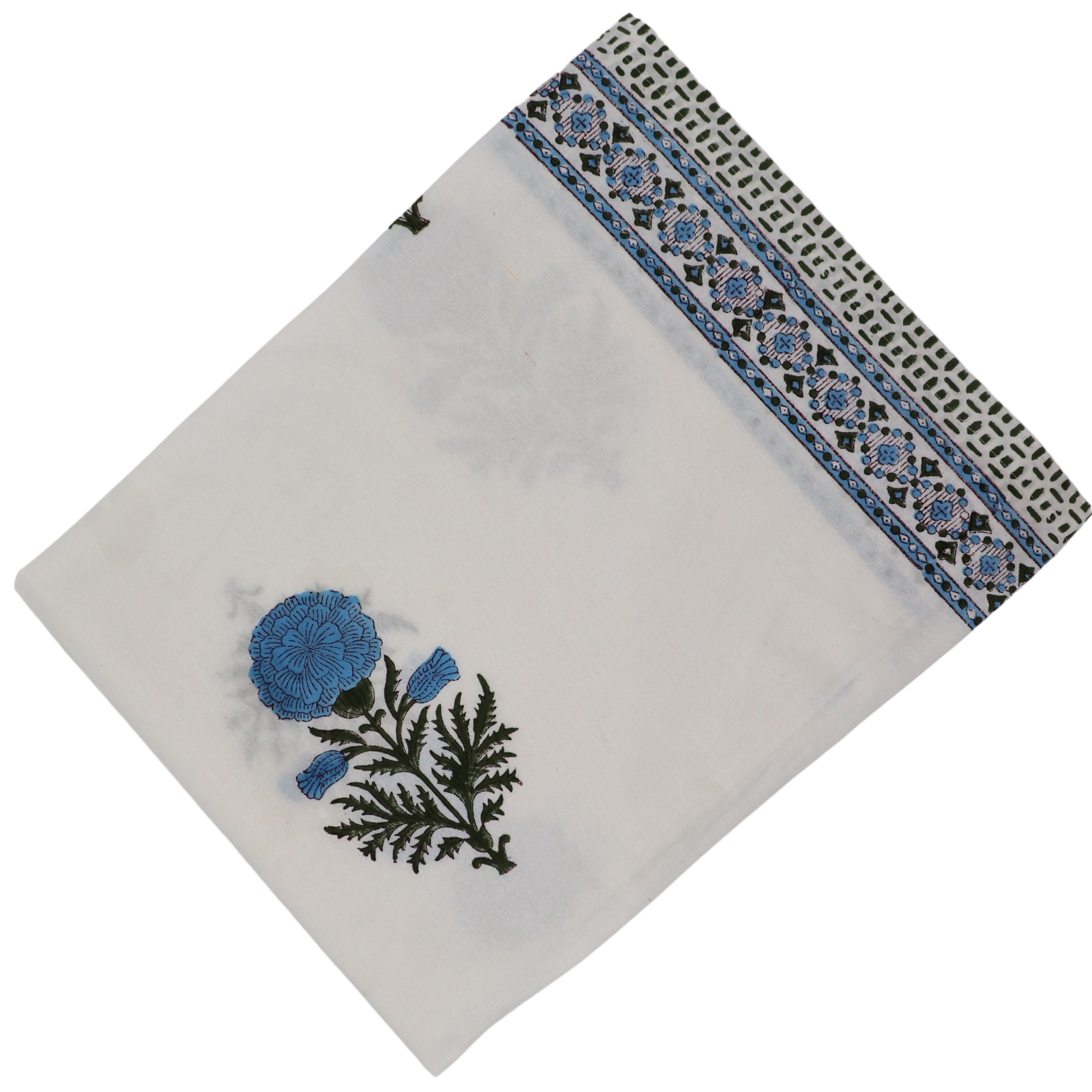 Toile de Blu Hortensia Tablecloth in White Cotton with Blue and Green Hand-Printed Design