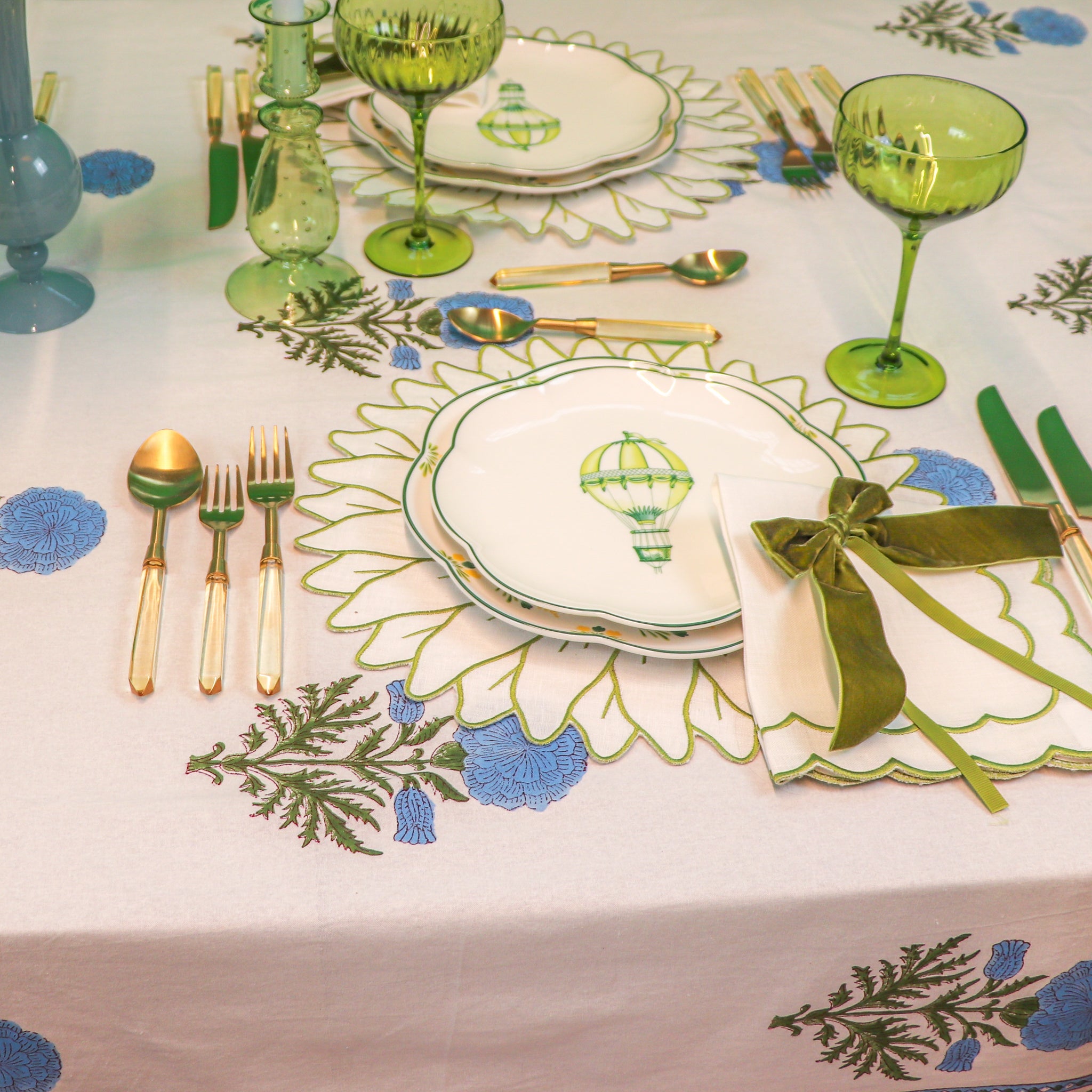 Toile de Blu Hortensia Tablecloth in White Cotton with Blue and Green Hand-Printed Design