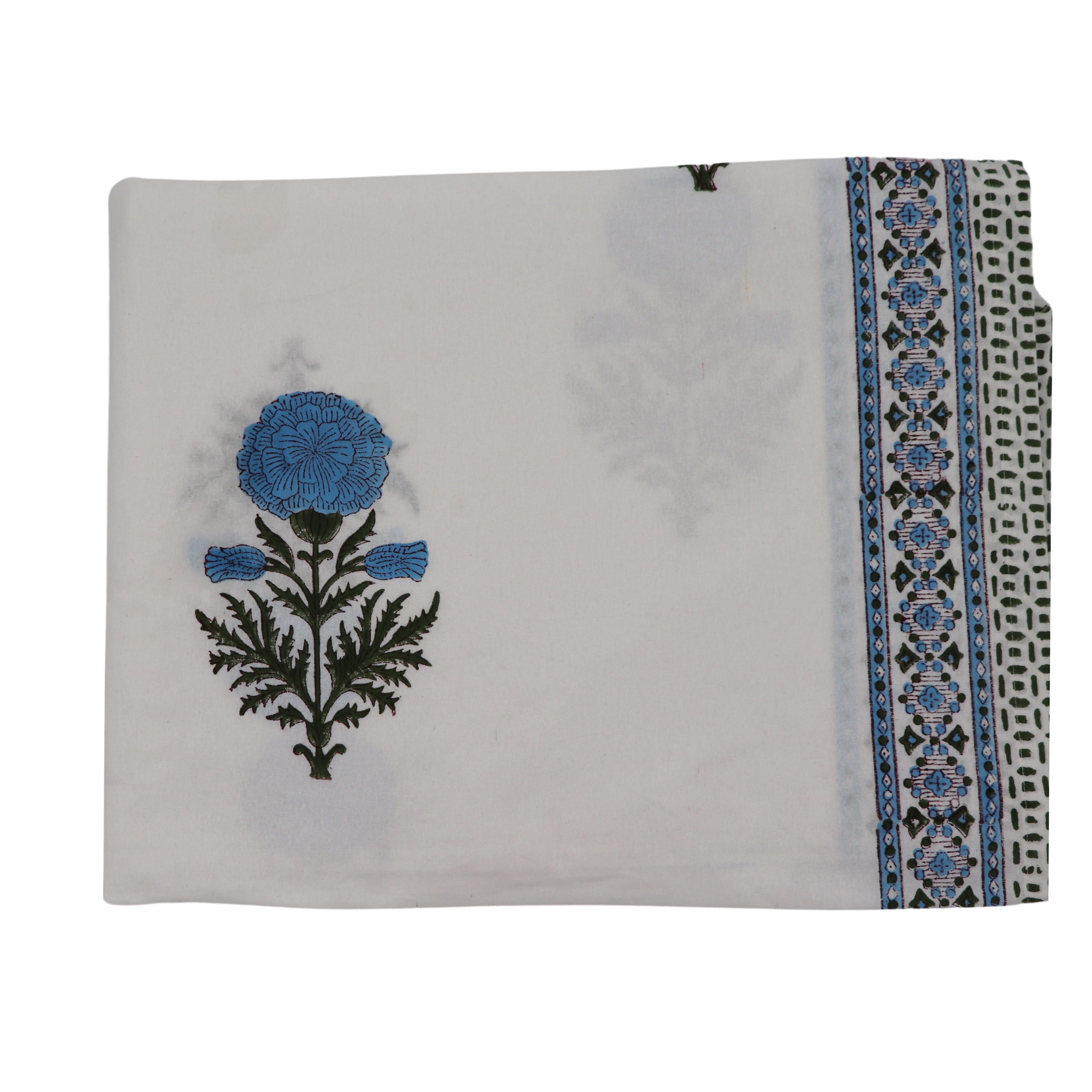 Toile de Blu Hortensia Tablecloth in White Cotton with Blue and Green Hand-Printed Design