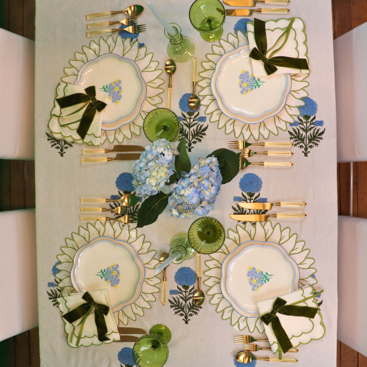 Toile de Blu Hortensia Tablecloth in White Cotton with Blue and Green Hand-Printed Design