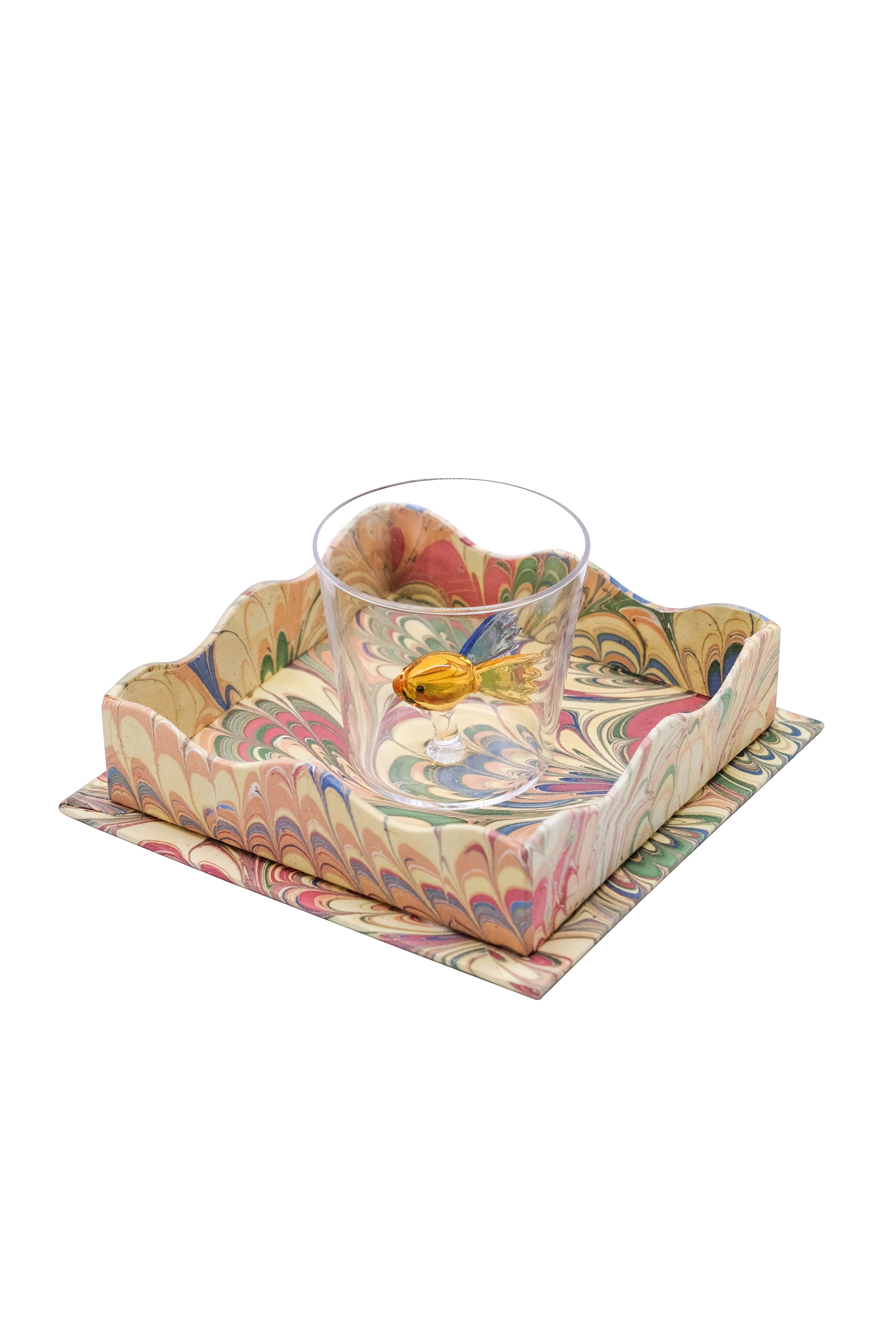 Nesting Scalloped Hand-Marbled Trays in Multicolor