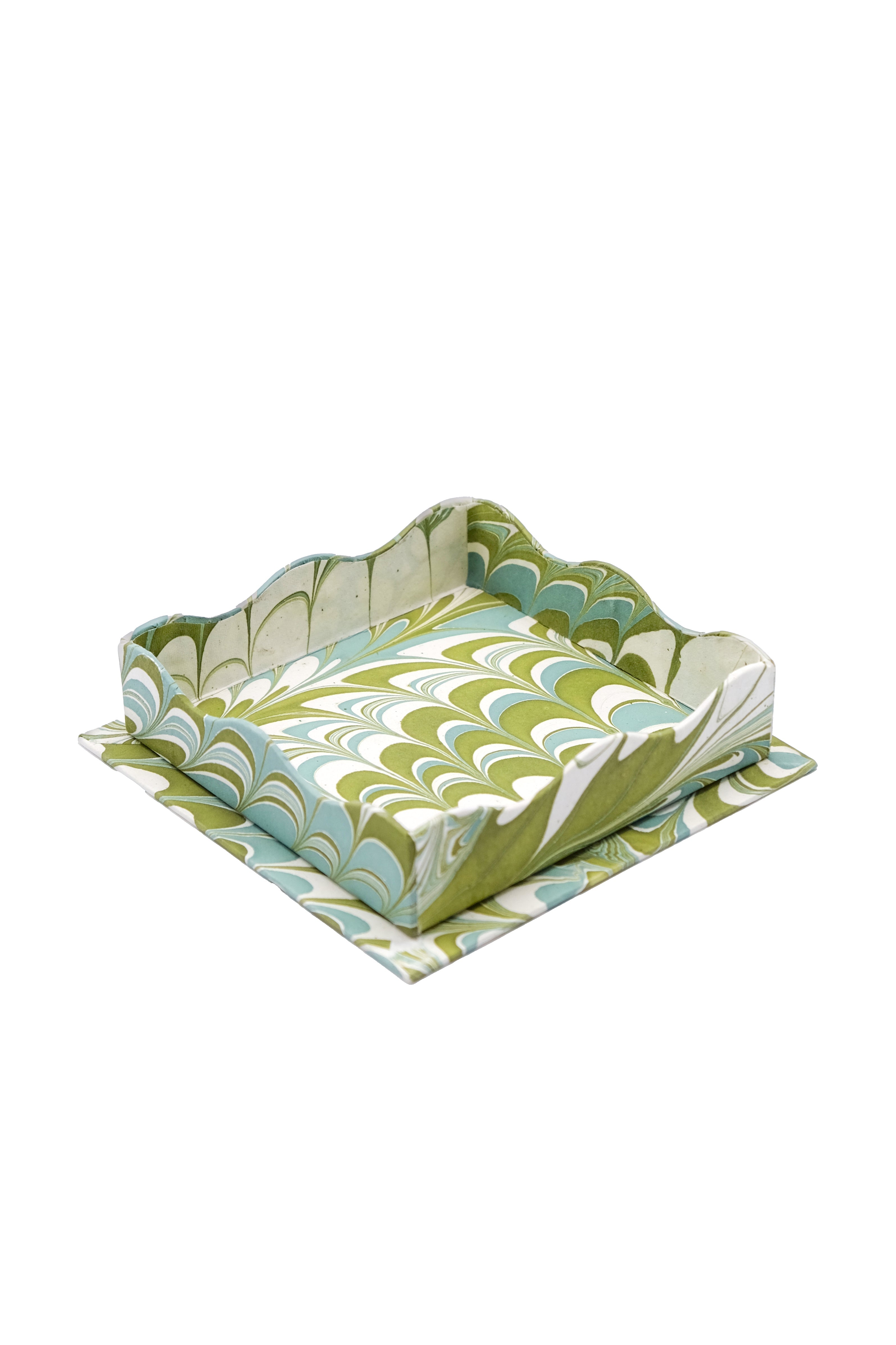 Nesting Scalloped Hand-Marbled Trays in Robin Blue