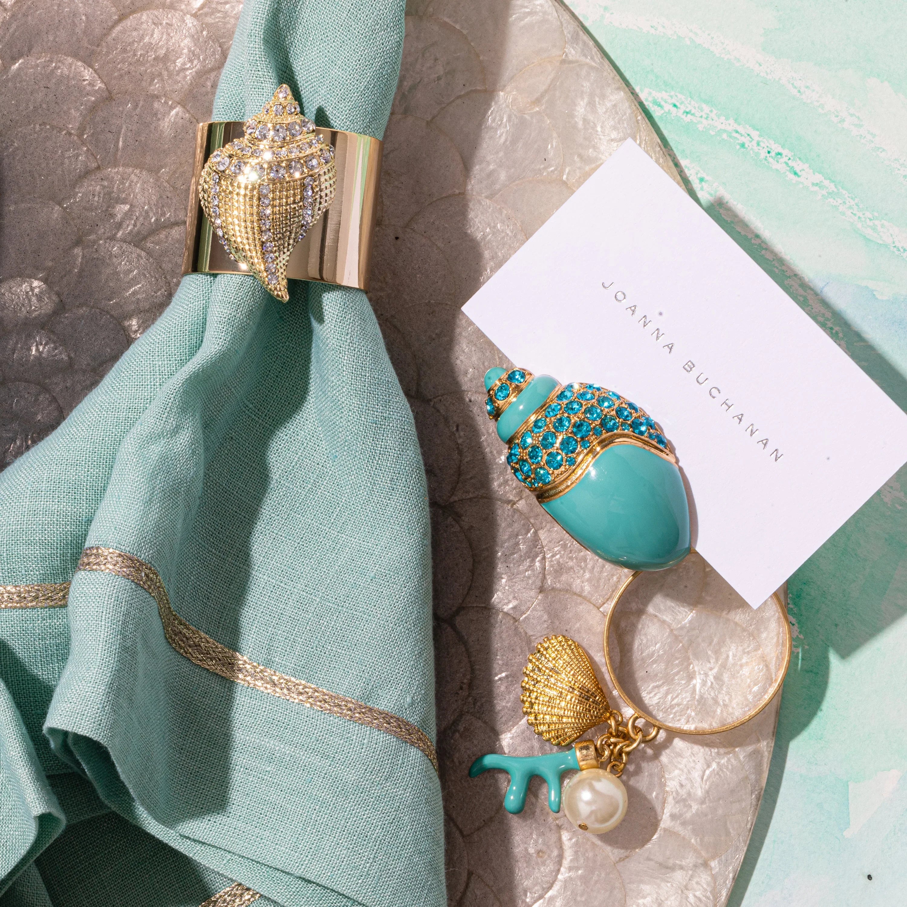 Coral and shell skinny napkin rings, turquoise, set of four - The Mayfair Hall