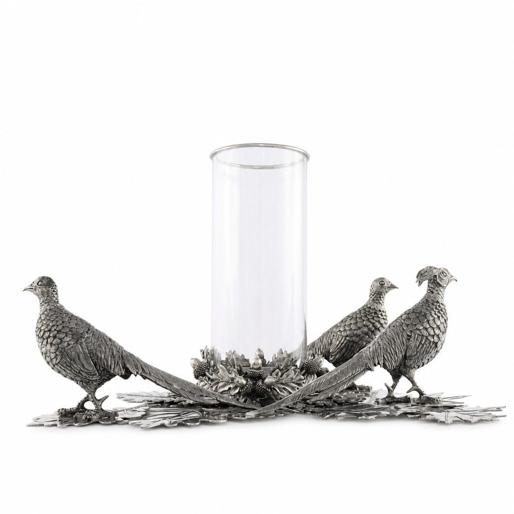 Pewter Pheasants Pillar Hurricane Centerpiece