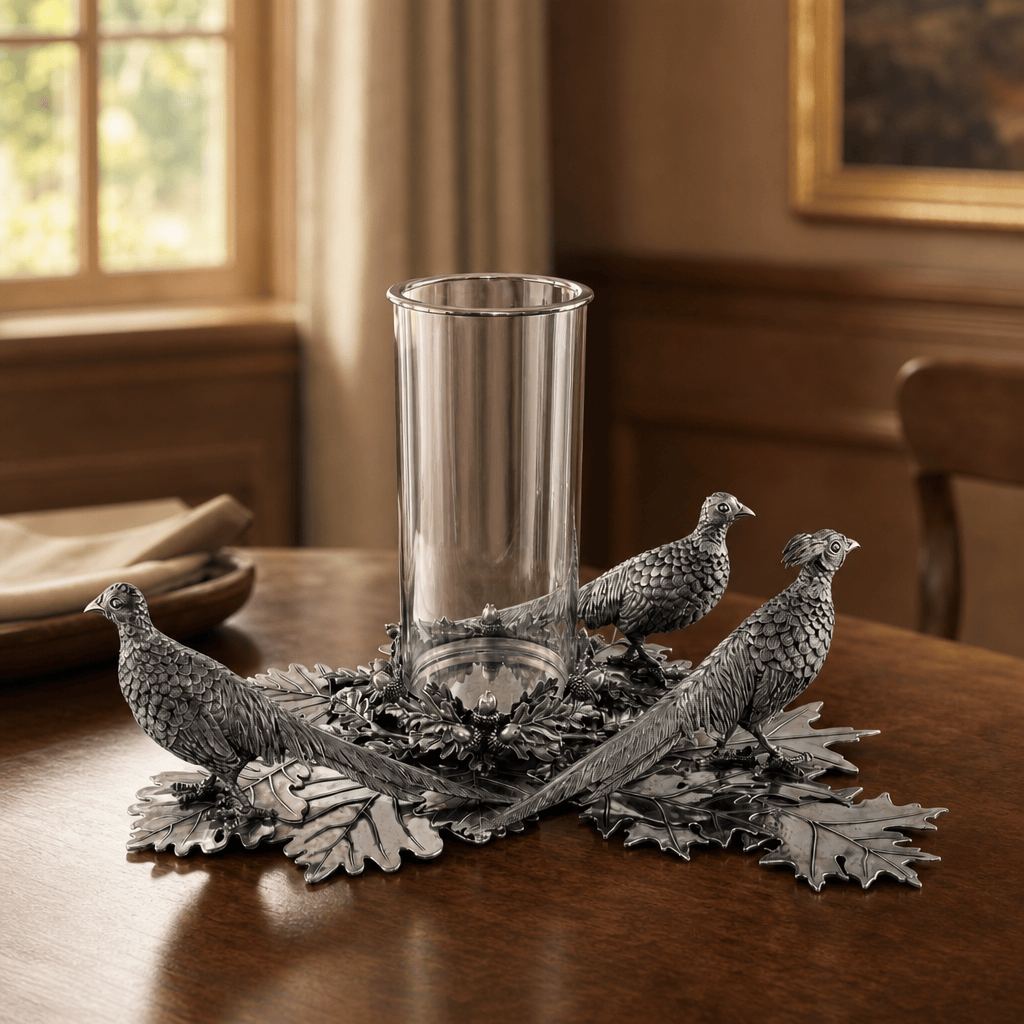 Pewter Pheasants Pillar Hurricane Centerpiece