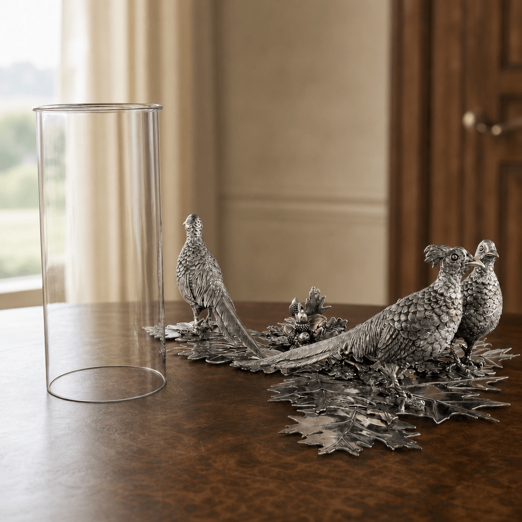 Pewter Pheasants Pillar Hurricane Centerpiece