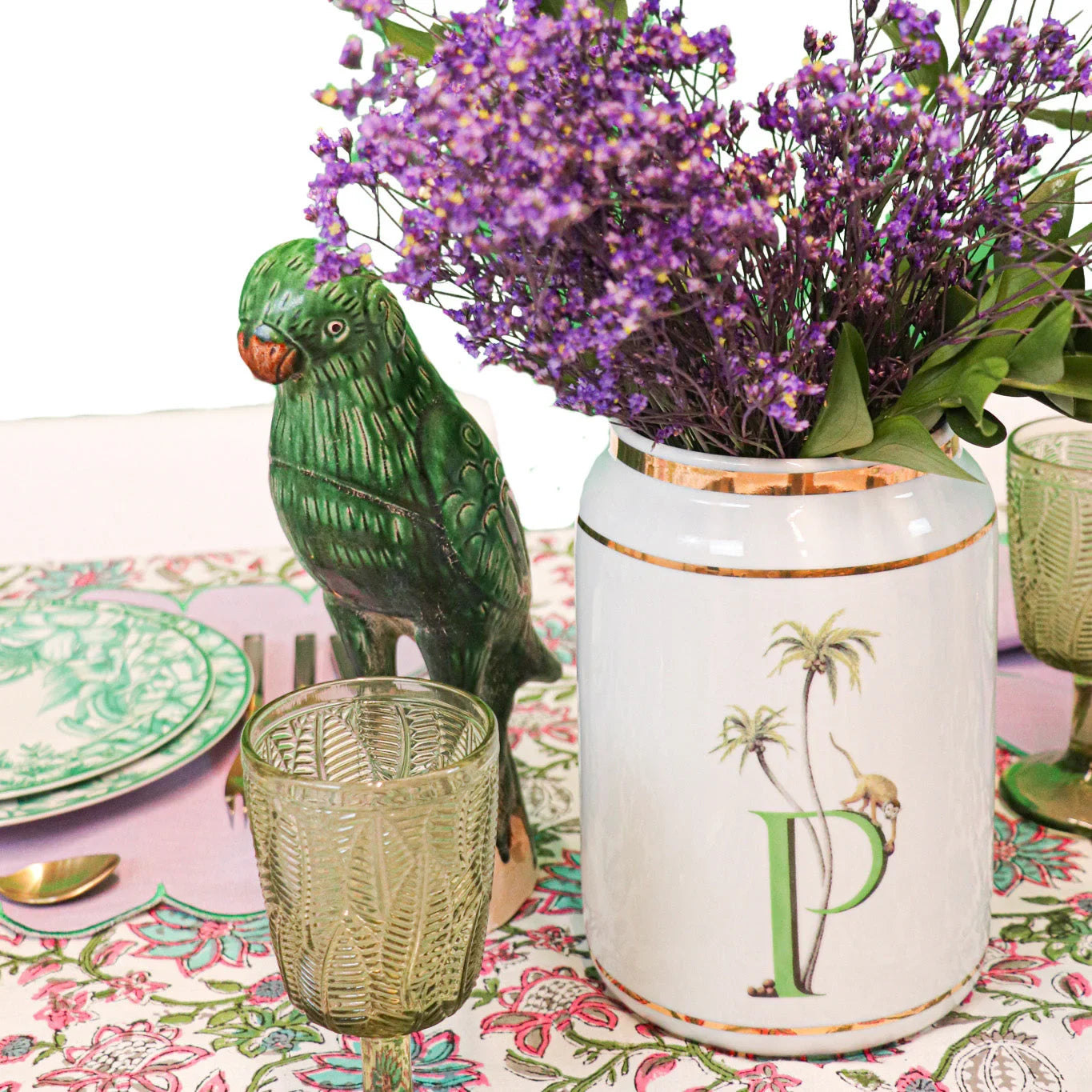 Verde Voyager Hand-Painted Ceramic Parrot in Green