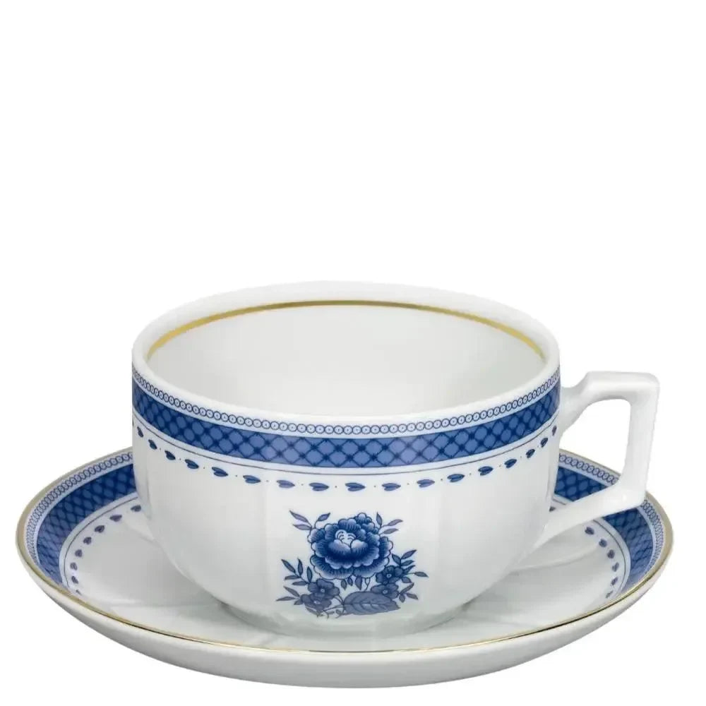 Cozinha Velha Porcelain Breakfast Cup and Saucer in White and Blue - The Mayfair Hall
