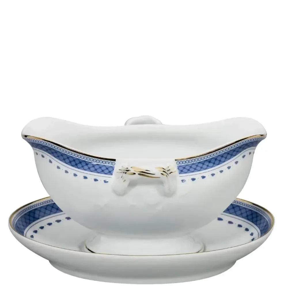 Cozinha Velha Porcelain Sauceboat and Stand in White and Blue - The Mayfair Hall