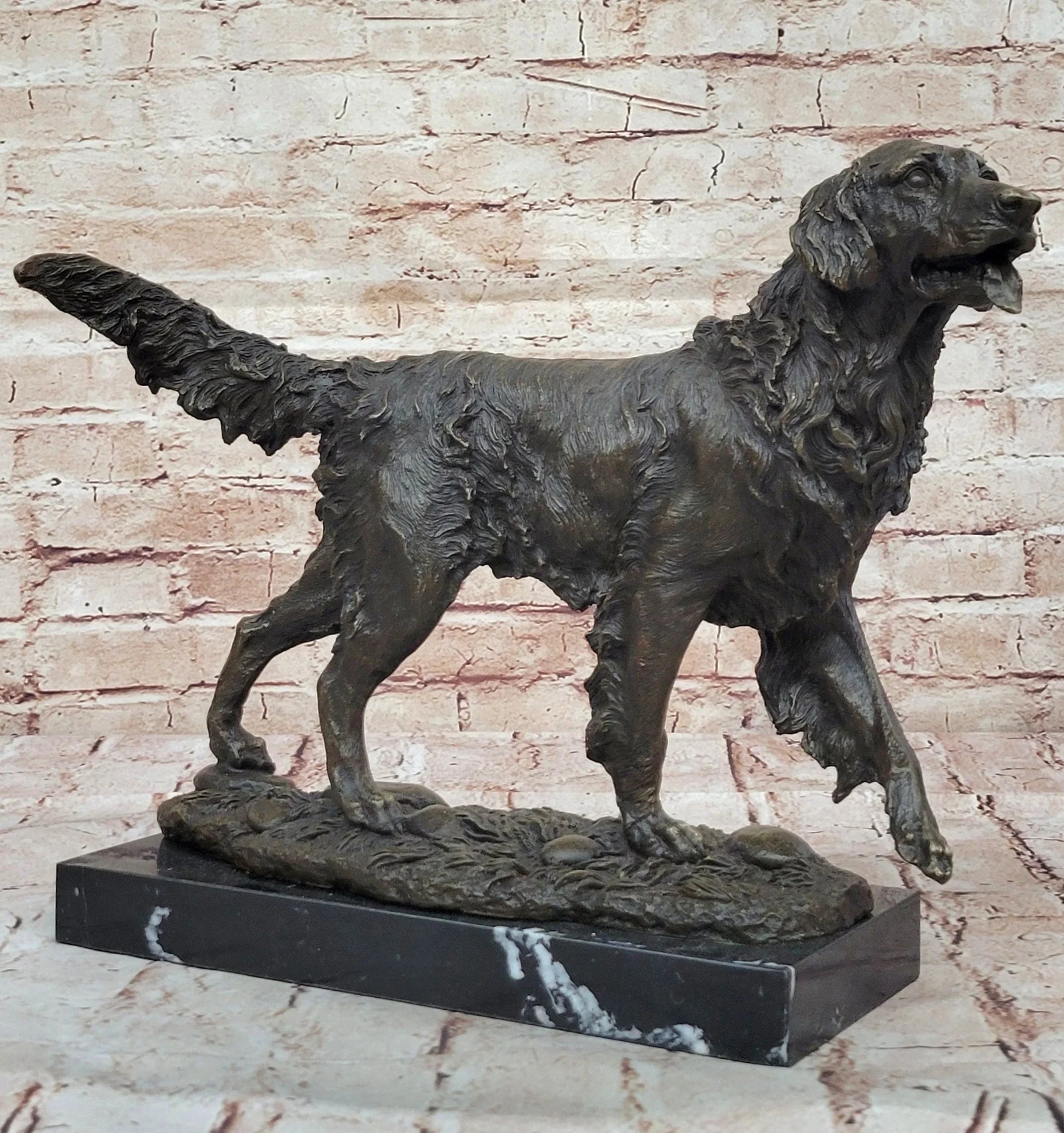 Golden Retriever Dog Bronze Statue Sculpture Figure on Marble Base Signed Art