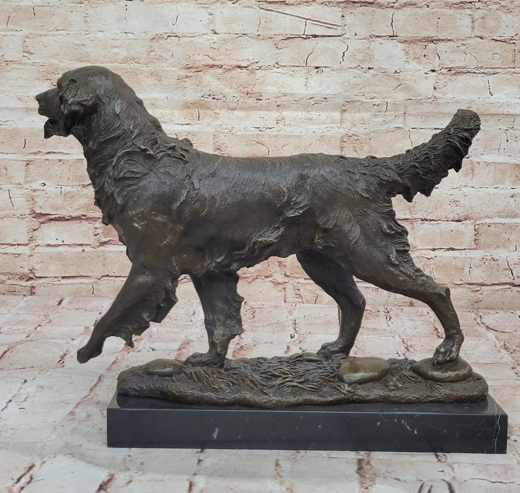 Golden Retriever Dog Bronze Statue Sculpture Figure on Marble Base Signed Art